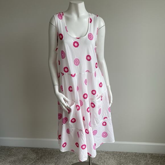 Dress Addict Sleeveless A-Lined Tiered Midi Dress Pockets Size Large White Pink - Picture 1 of 13